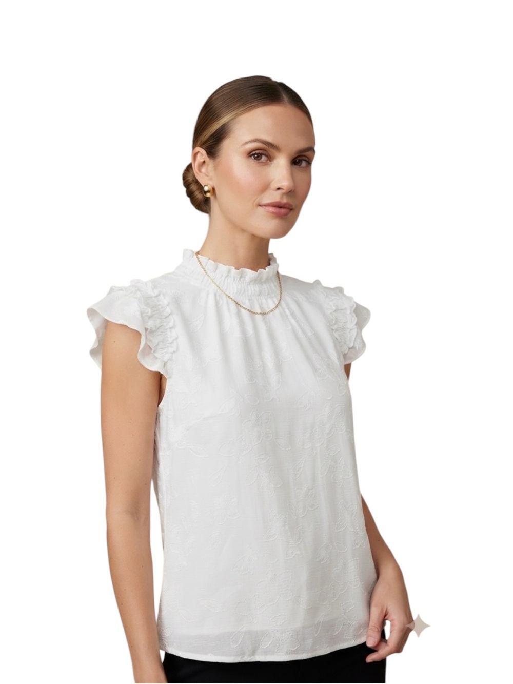 CeCe White Ruffle Sleeve Mock Neck Top Size M